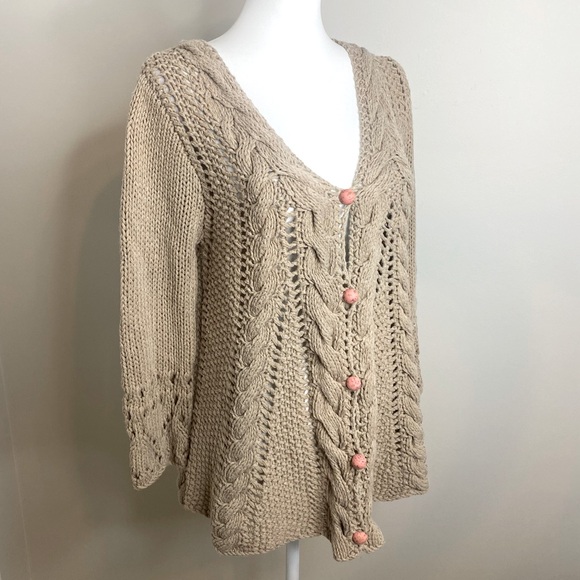 Free People Sweaters - Free People Chunky Cable Knit Beige Taupe Long Sleeve Cardigan Pink Buttons Sz L
